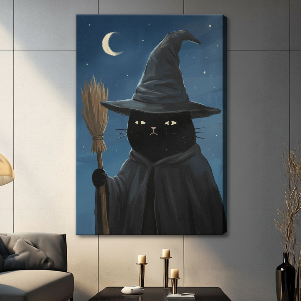 Frameless black cat witch with broomstick and crescent moon canvas print displayed on living room wall, moody dark blue Halloween wall decor