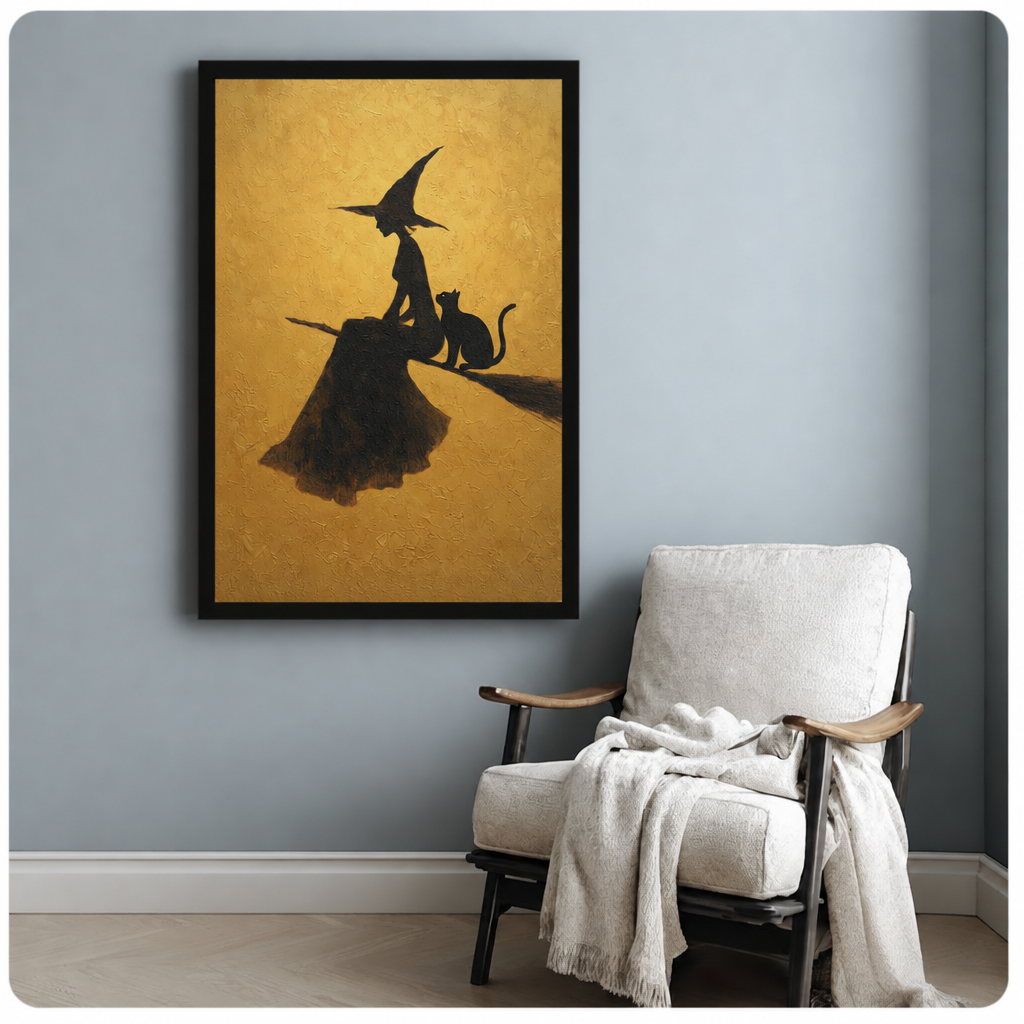 Witch cat broom canvas wall art above a white armchair, showing a pointed-hat witch and black cat riding a broom