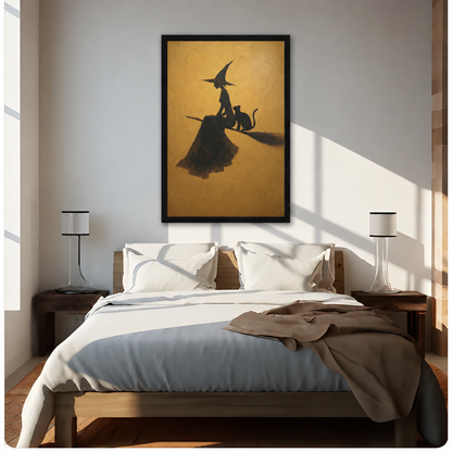 Witch cat broom canvas wall art above a bed, featuring a witch and black cat in a golden silhouette scene