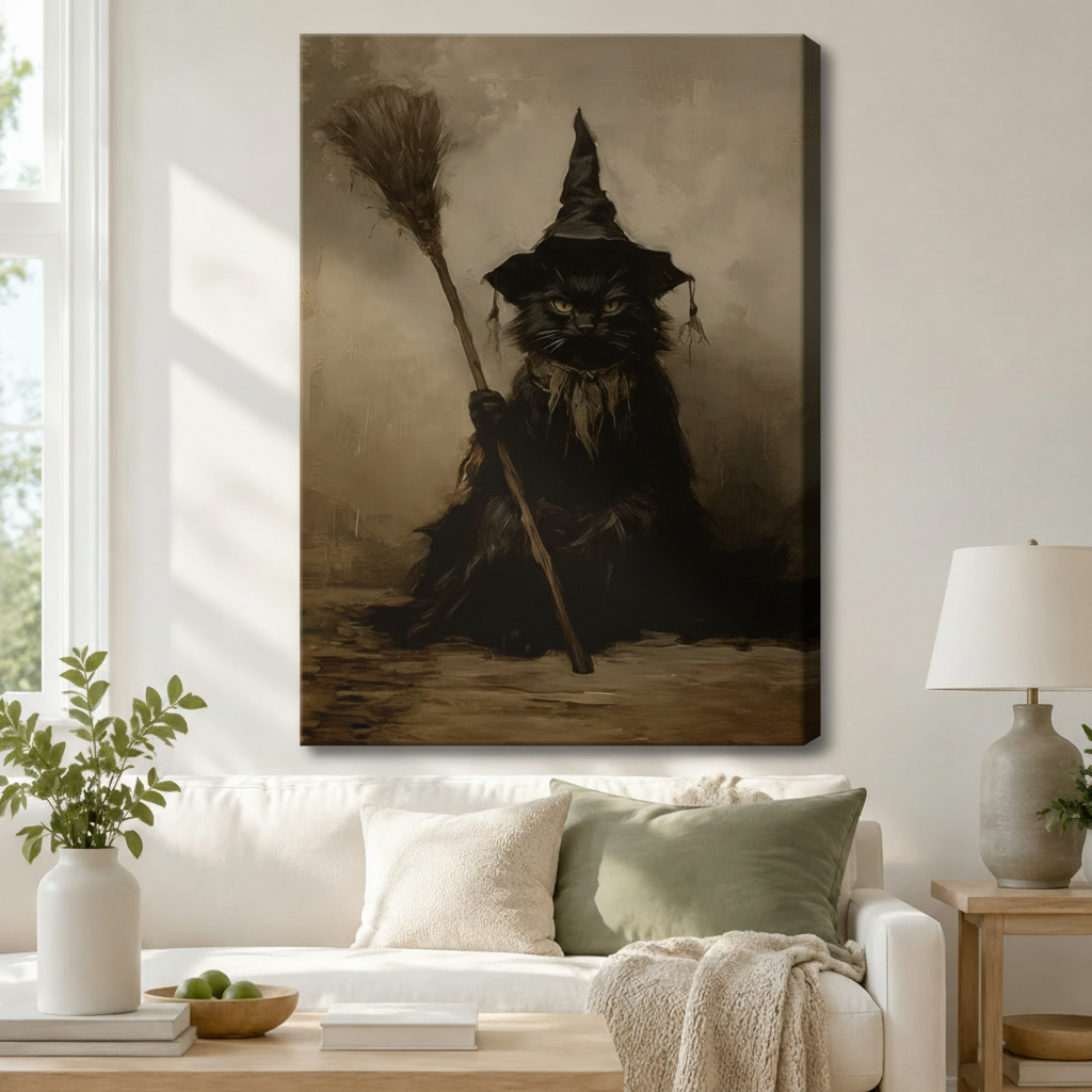 Stretched canvas dark academia wall art featuring a mysterious black cat in a pointed witch hat clutching a broom with piercing green eyes, hung above a white sofa in a serene living room
