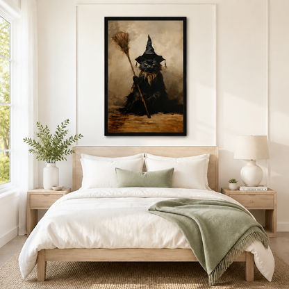 Framed gothic black cat witch wall art with a broomstick and pointed hat in antique sepia tones, displayed above a neutral linen bed in a calm Scandinavian-style bedroom
