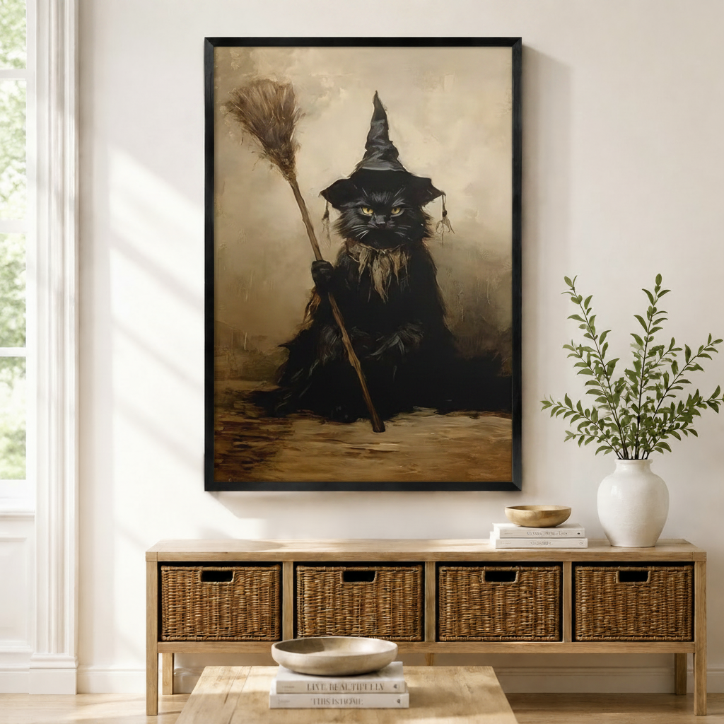 Framed gothic wall art print of a brooding black cat wearing a witch hat and holding a broomstick in a vintage oil painting style, displayed above a wicker storage console in a bright entryway