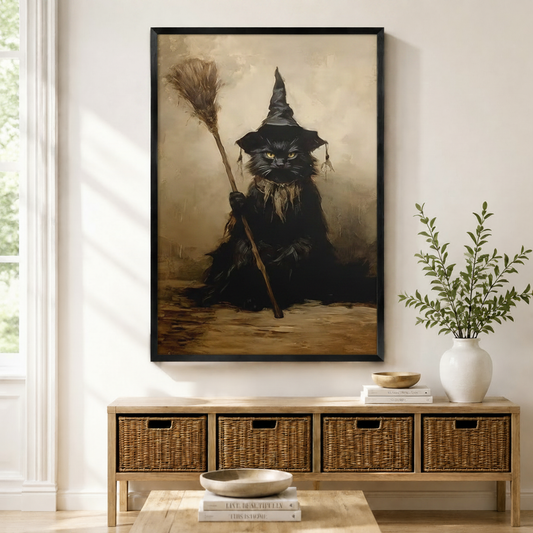 Framed gothic wall art print of a brooding black cat wearing a witch hat and holding a broomstick in a vintage oil painting style, displayed above a wicker storage console in a bright entryway