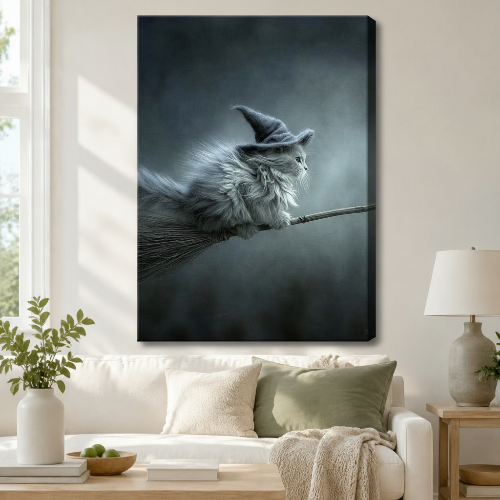 Gallery wrap canvas art featuring a silver fluffy cat in a witch hat soaring on a broomstick against a moody dark background, hung above a white sofa in a modern living room