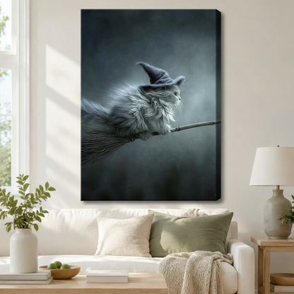 Gallery wrap canvas art featuring a silver fluffy cat in a witch hat soaring on a broomstick against a moody dark background, hung above a white sofa in a modern living room