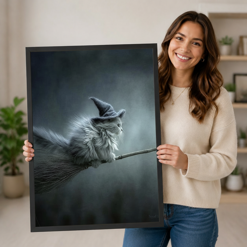 Woman holding a large framed gothic cat wall art print showing a fluffy silver witch cat on a broomstick, demonstrating print size and premium frame quality