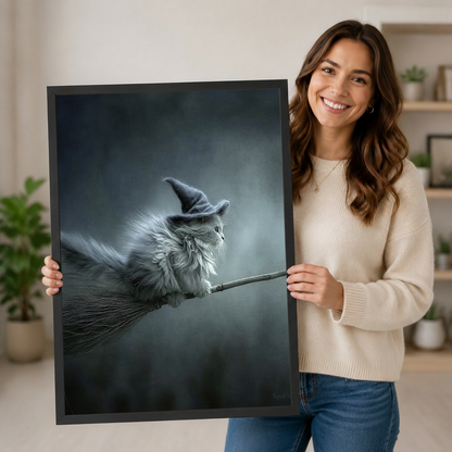 Woman holding a large framed gothic cat wall art print showing a fluffy silver witch cat on a broomstick, demonstrating print size and premium frame quality