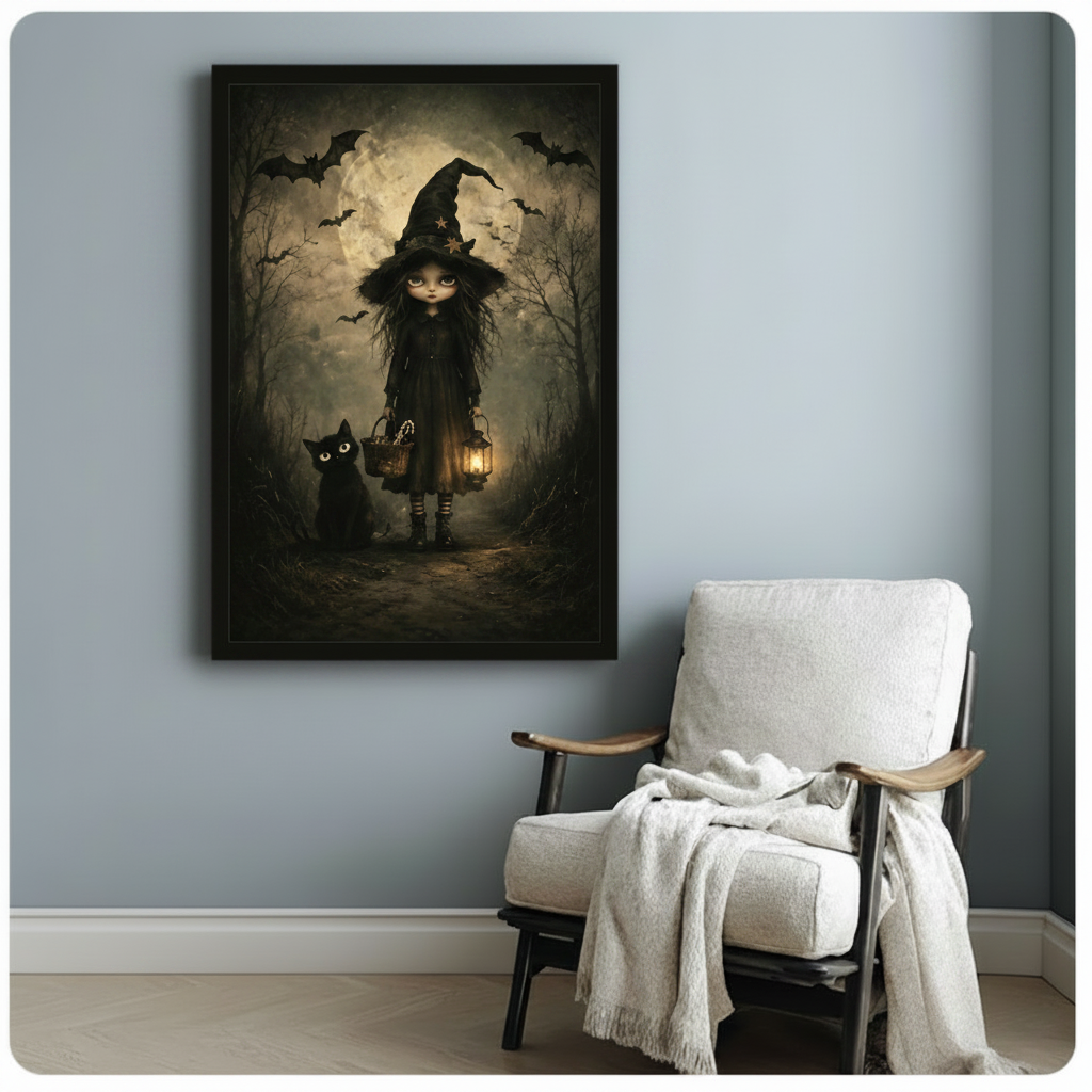 Spooky witch and black cat canvas print black frame blue gray wall armchair gothic home decor