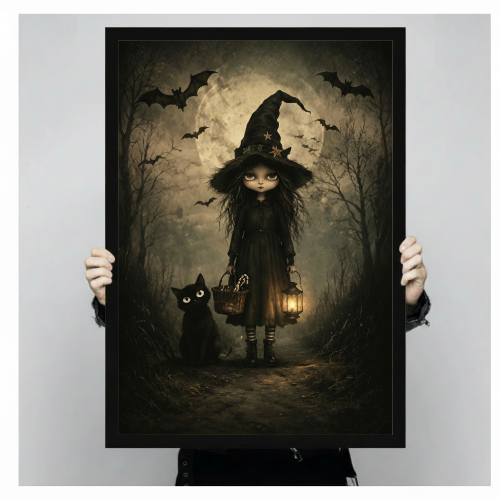 Hand holding large framed gothic witch black cat Halloween canvas print dark forest illustration wall art