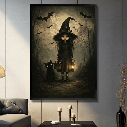 Gothic Halloween witch black cat framed canvas wall art dark living room sepia forest bats full moon