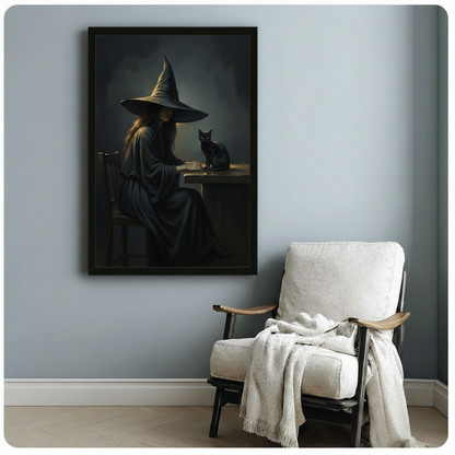  Witch cat canvas wall art above a white armchair, featuring a mysterious witch and black cat at a table