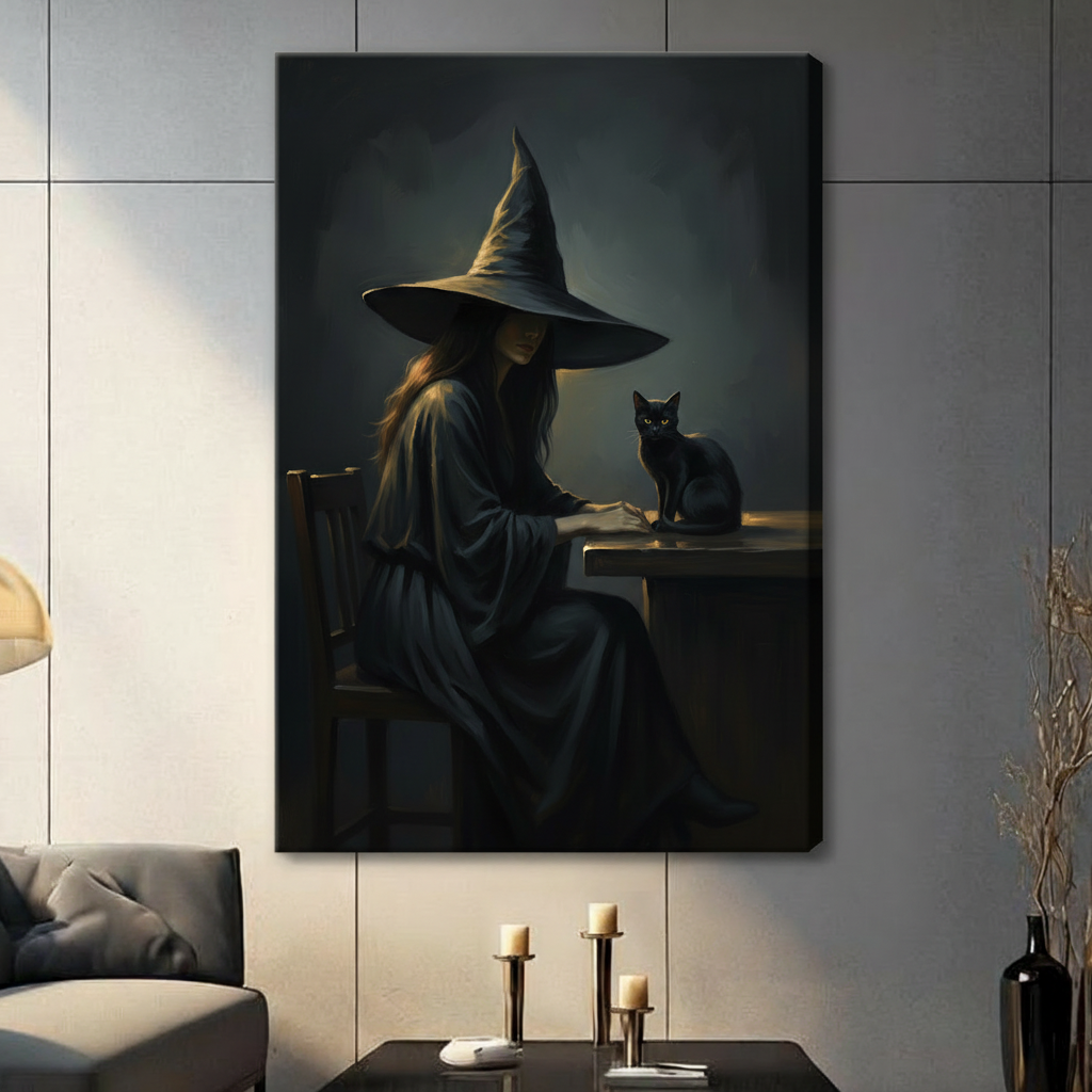 Witch cat canvas wall art close-up showing a pointed-hat witch and black cat in a moody interior
