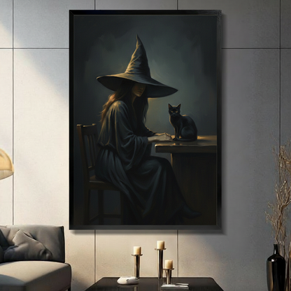 Witch cat canvas wall art displayed in a living room with candle decor and a dark atmospheric scene