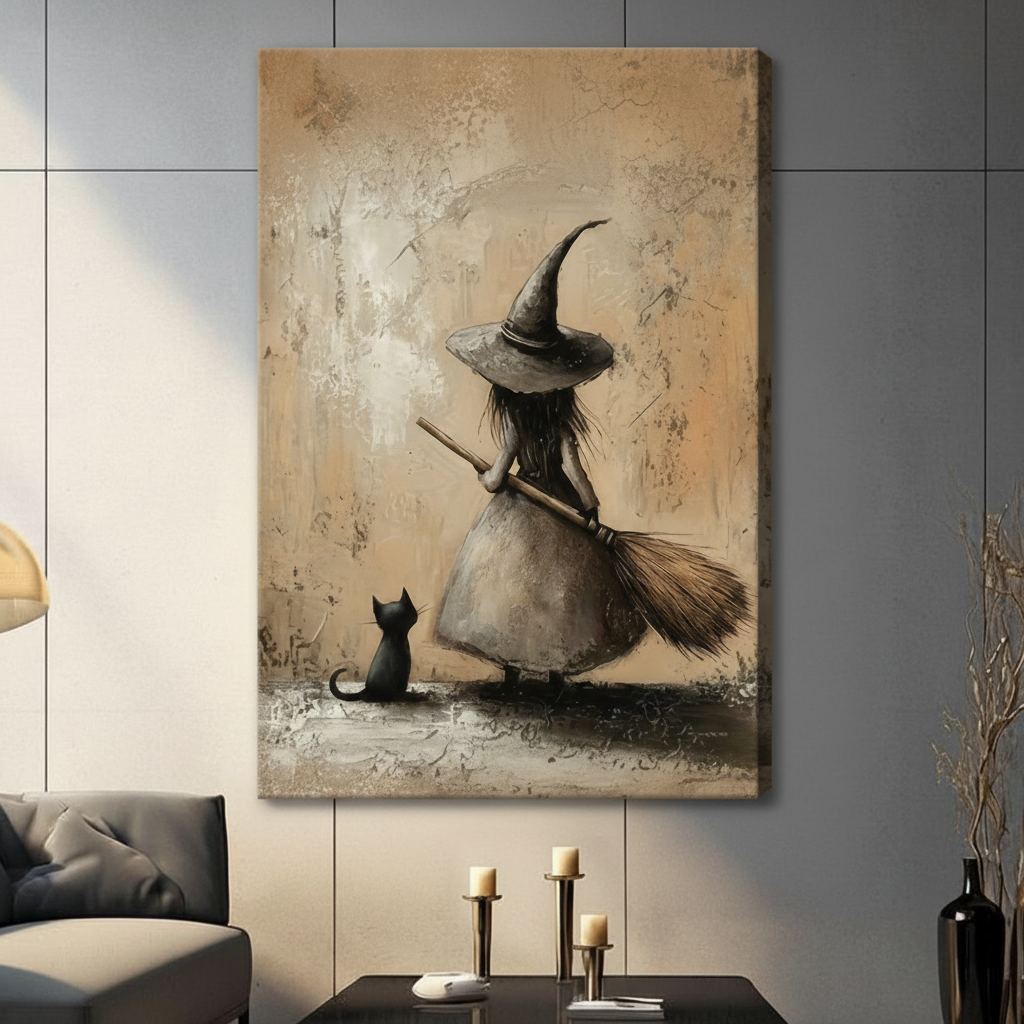 Gallery wrap stretched canvas of a back-view little witch in pointed hat holding a broomstick with a black cat companion hung frameless on a dark gray paneled wall above candlestick holders