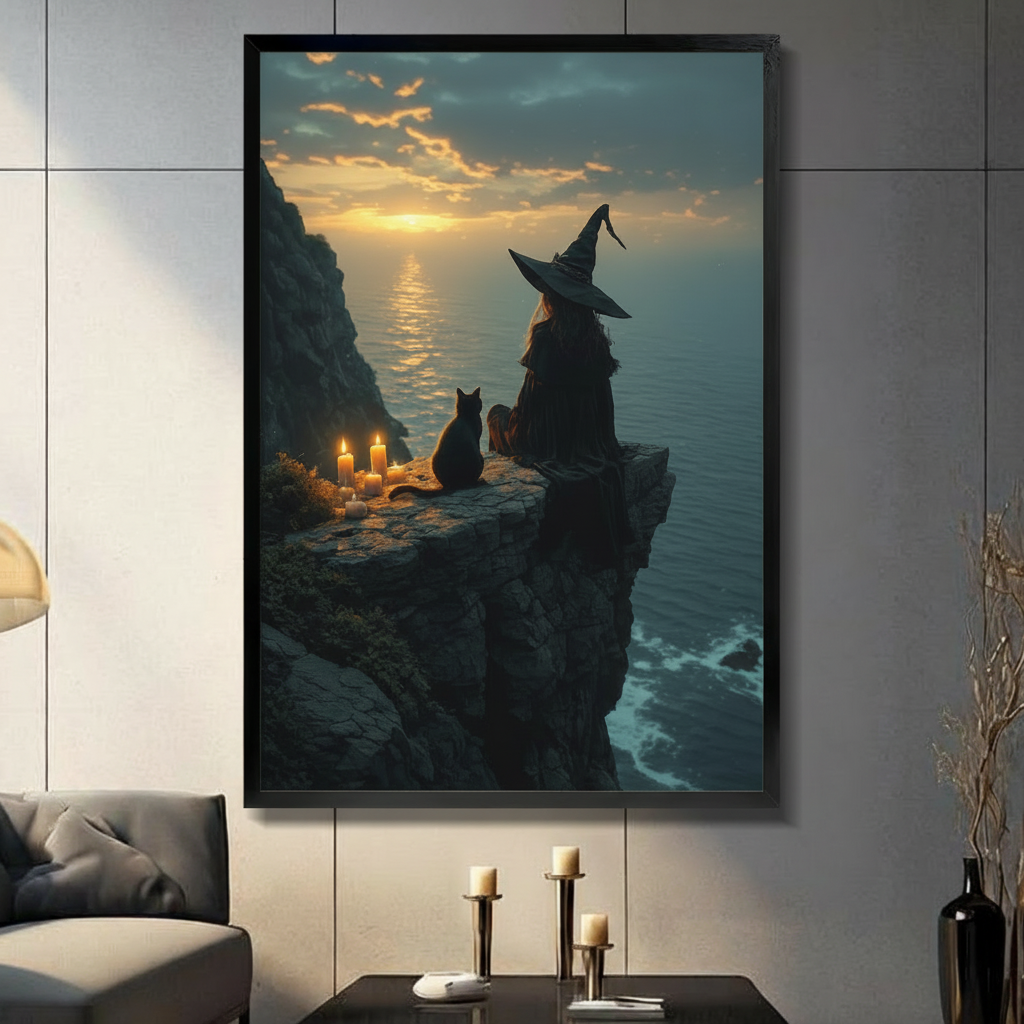 Framed gothic wall art print of a witch and black cat sitting on a cliff at sunset, displayed in a moody dark living room
