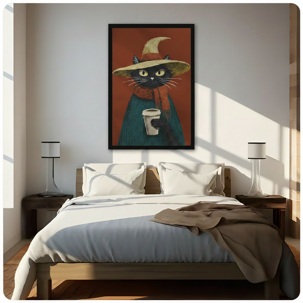 Framed black witch cat holding coffee wall art above bed in sunlit bedroom, moody gothic animal print for bedroom decor