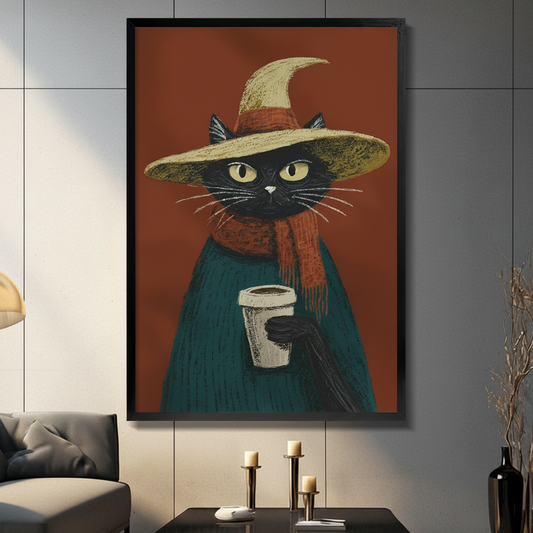Framed witch cat wall art print holding coffee cup, displayed in modern living room with dark accent wall