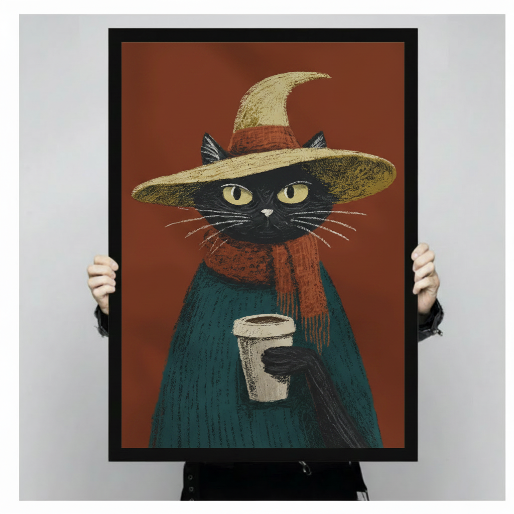 Close-up of witch cat coffee print held by hands, showing detailed chalk texture illustration with rust and teal tones