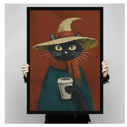 Close-up of witch cat coffee print held by hands, showing detailed chalk texture illustration with rust and teal tones