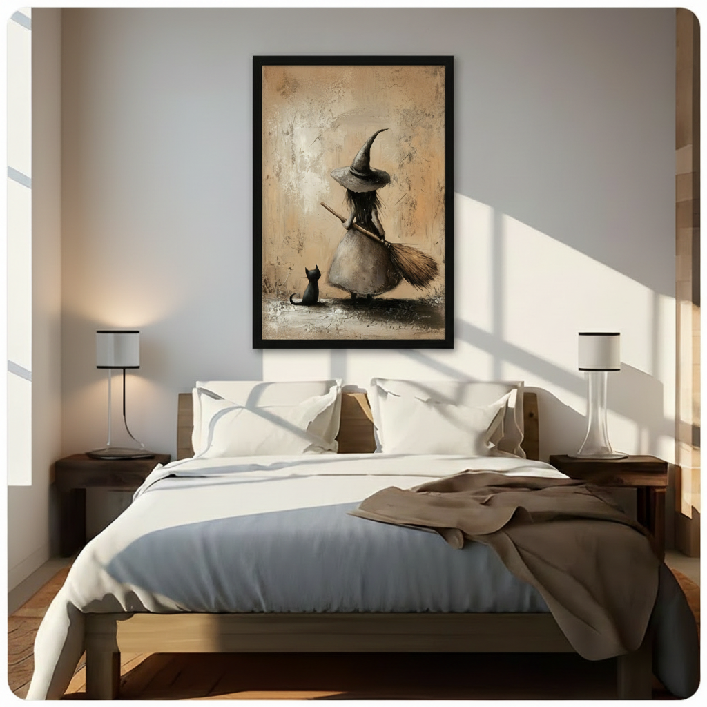 Black framed gothic vintage witch and black cat canvas wall art with aged sandy background hung above a dark wood bed with white linen bedding in a sunlit neutral bedroom with warm diagonal light