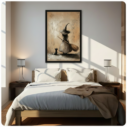 Black framed gothic vintage witch and black cat canvas wall art with aged sandy background hung above a dark wood bed with white linen bedding in a sunlit neutral bedroom with warm diagonal light