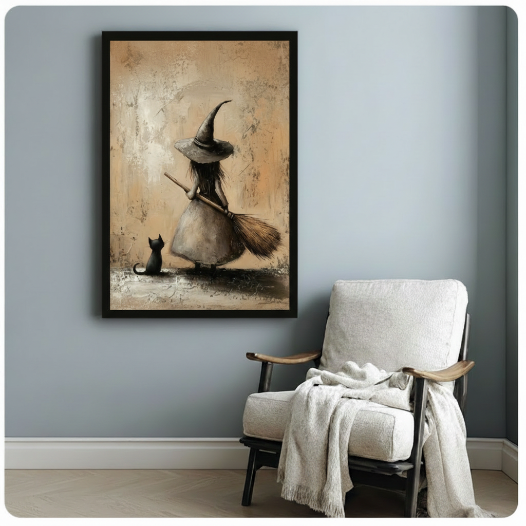 Black framed cottagecore witch and black cat oil painting canvas print with warm sepia textured background hung on a soft blue-gray wall beside a white linen armchair with a cream knit throw blanket