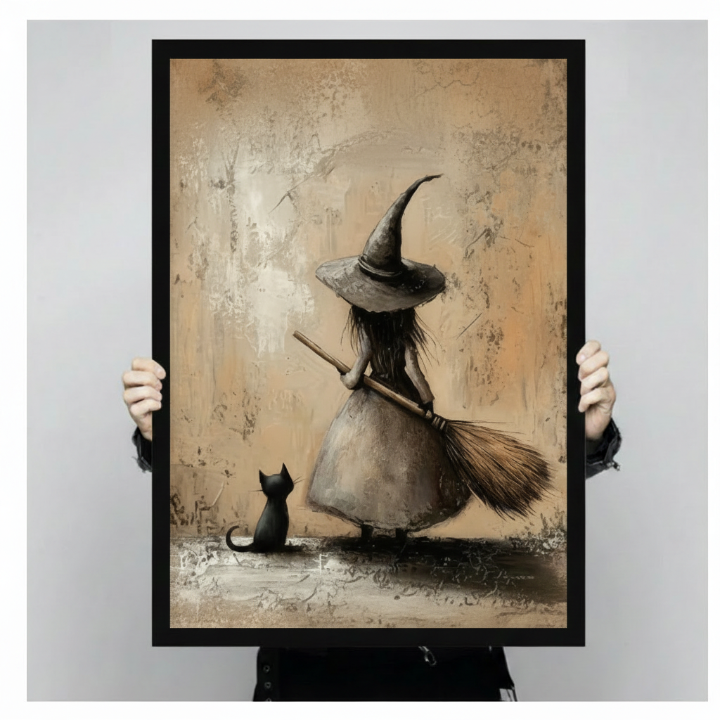 Hands in black sleeves holding a large black framed vintage witch with broomstick and black cat canvas art print against a neutral gray background, front-facing vertical product size display
