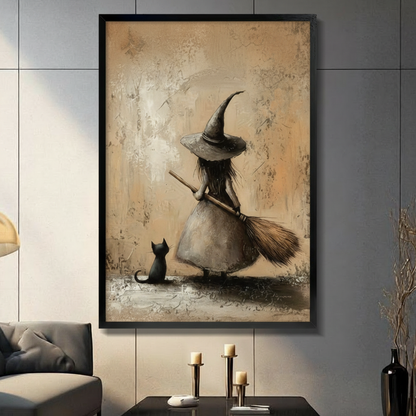 Black framed vintage witch and black cat canvas wall art with aged sandy textured background displayed in a modern dark gray living room with gray sofa, candlestick holders and tall black vase