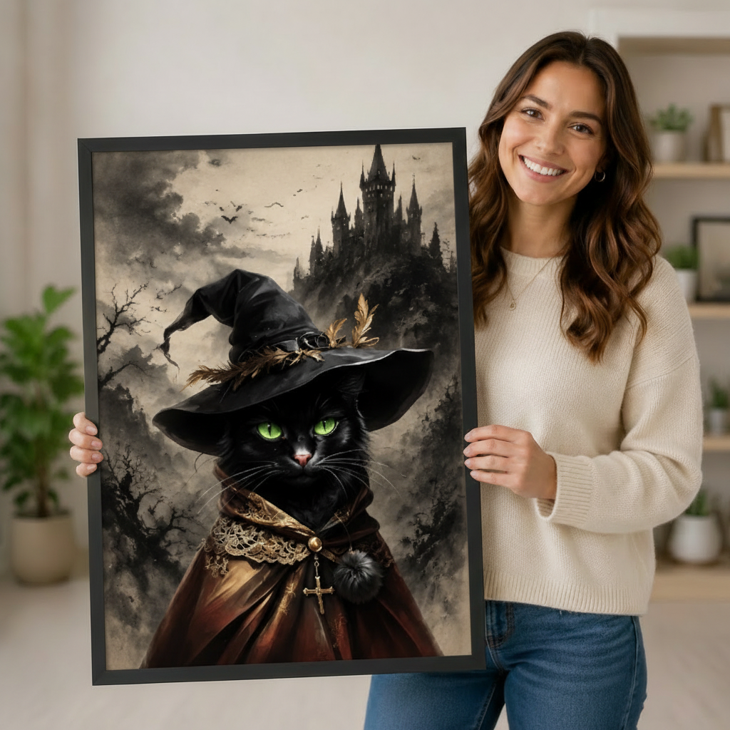 Woman holding a large framed gothic black cat witch art print, showing size reference for premium canvas wall art