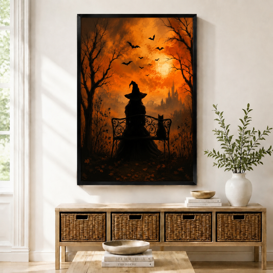 Framed halloween wall art print featuring a witch silhouette seated on an iron bench with a black cat, glowing orange sky and bats, displayed above a wicker console in an entryway