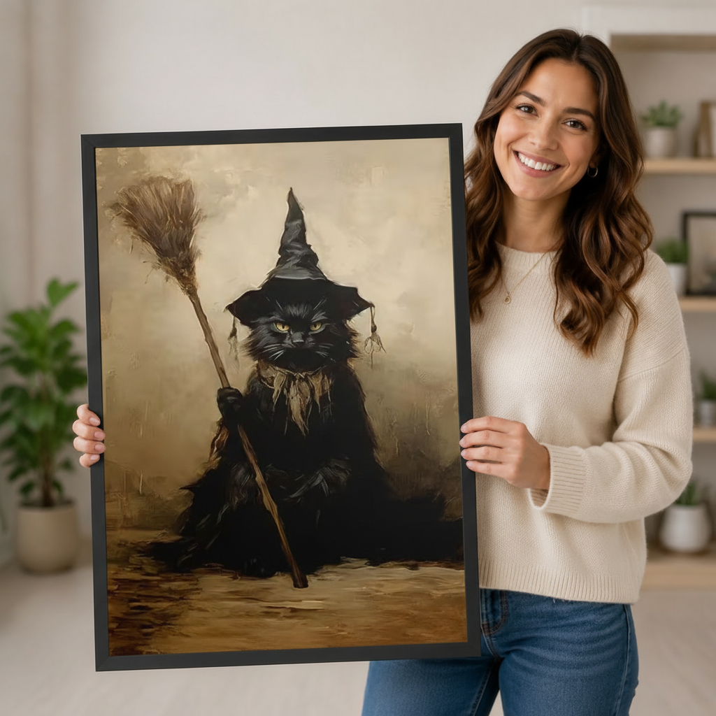 Smiling woman holding a large framed gothic witch cat wall art print in vintage oil painting style, showing black frame finish and print scale against a bright home interior