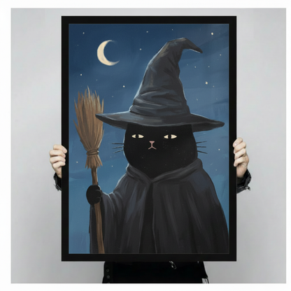 Person holding black cat witch broom moon framed canvas art showing print size reference, dark blue starry night Halloween oil painting portrait