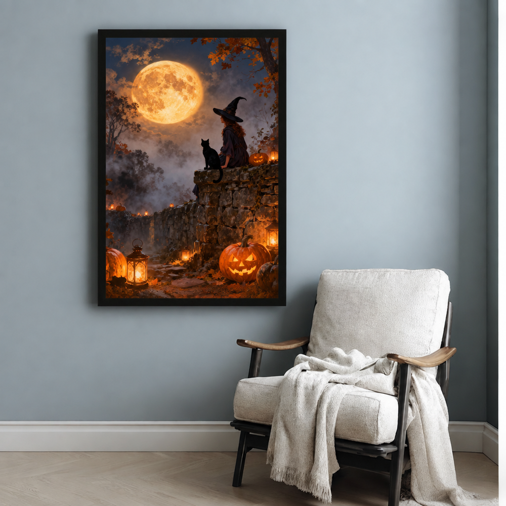  Witch cat moon canvas wall art above a white armchair, depicting a witch and black cat under a golden full moon