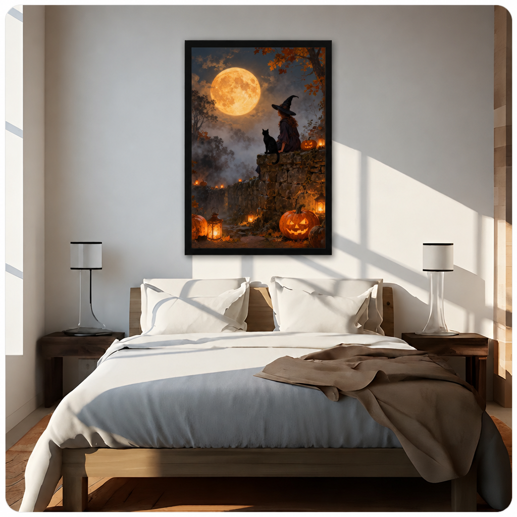 Witch cat moon canvas wall art above a bed, showing a witch and black cat on a stone wall with glowing pumpkins