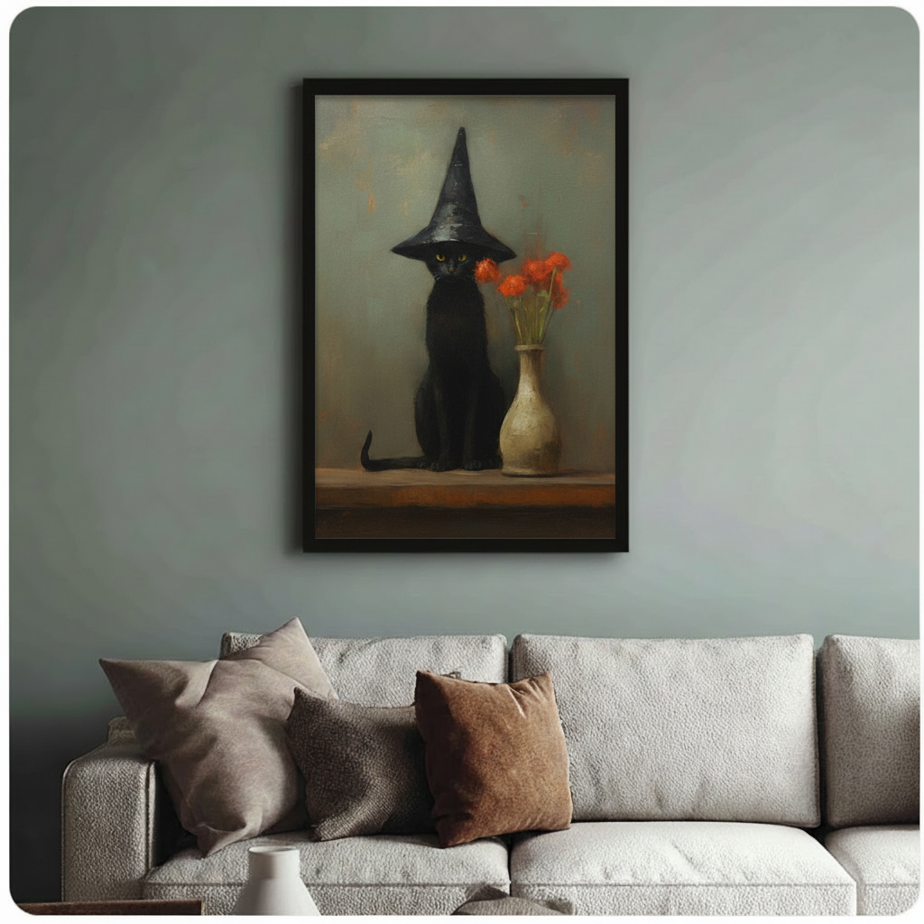 Framed oil-style print of a black cat with a tall witch hat and red flowers in a vase, styled above a neutral linen sofa on a sage green wall