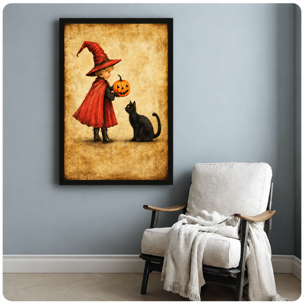 Witch cat pumpkin canvas wall art above a white armchair, depicting a little witch and black cat on a vintage gold background