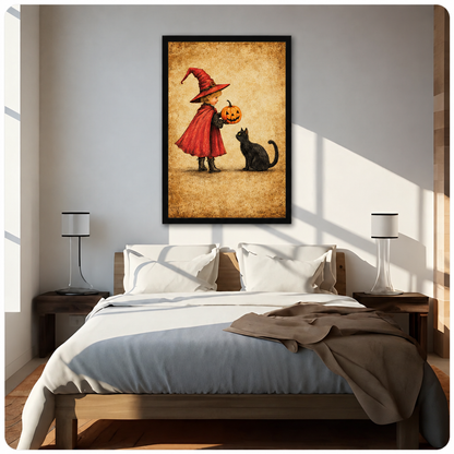 Witch cat pumpkin canvas wall art above a bed, showing a young witch in a red cloak with a black cat and carved pumpkin