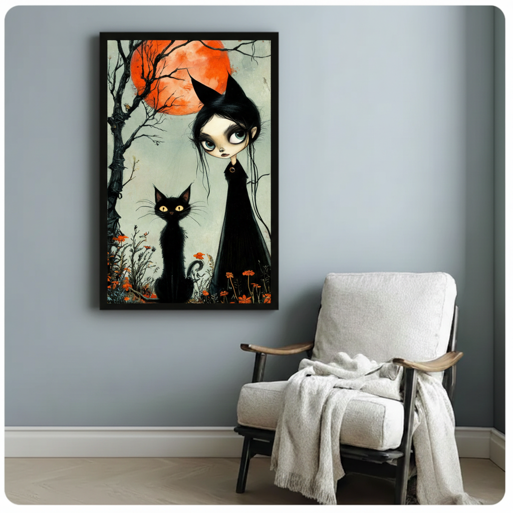 Witch and black cat red moon framed canvas beside white armchair — gothic watercolor wall art for eclectic bedroom or reading nook