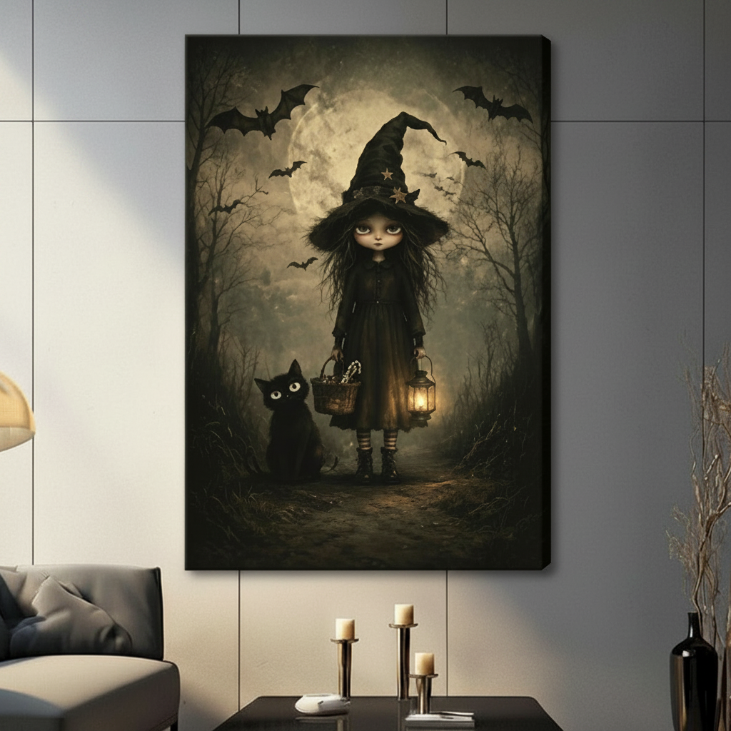 Stretched gallery wrap witch black cat Halloween canvas art dark forest natural edge living room wall decor