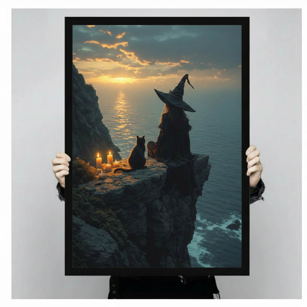 Close-up product shot of a black framed witch and cat wall art print held by hands, showing dramatic sunset ocean cliff scene