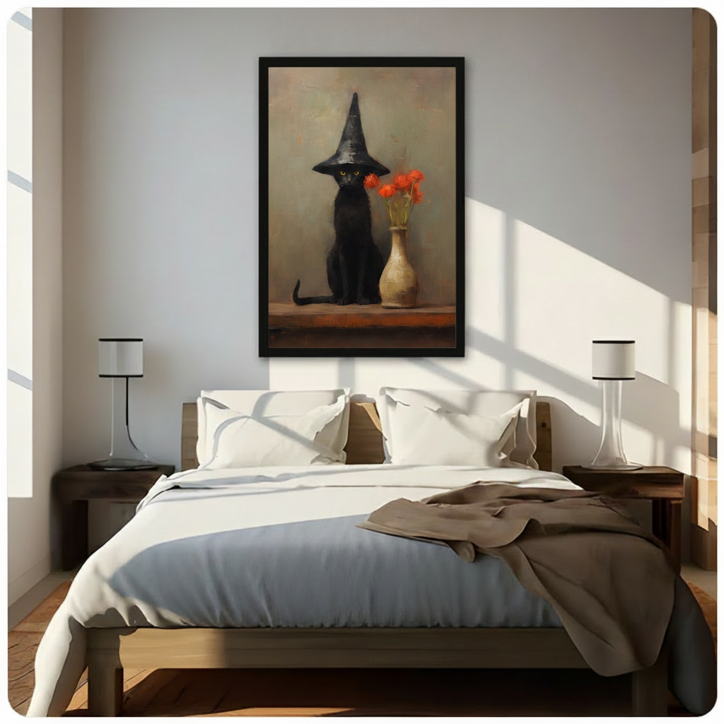 Framed vintage-style oil painting canvas of a black cat in a witch hat with orange flowers in a vase, displayed above a wooden bed in a sunlit bedroom