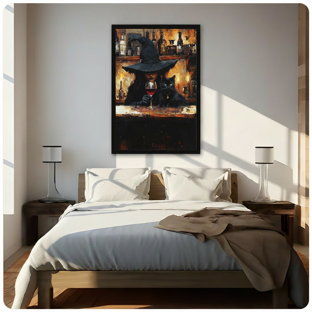 Framed canvas art of a dark witch and black cat at a candlelit bar with red wine, styled above a bed as gothic bedroom wall decor