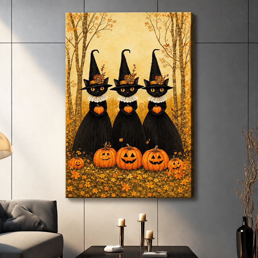 Folk art illustration of three black cats wearing tall witch hats with floral trims and white lace collars each holding a small pumpkin surrounded by glowing jack-o-lanterns and autumn foliage in a golden birch forest halloween wall art stretched canvas dark panel wall living room