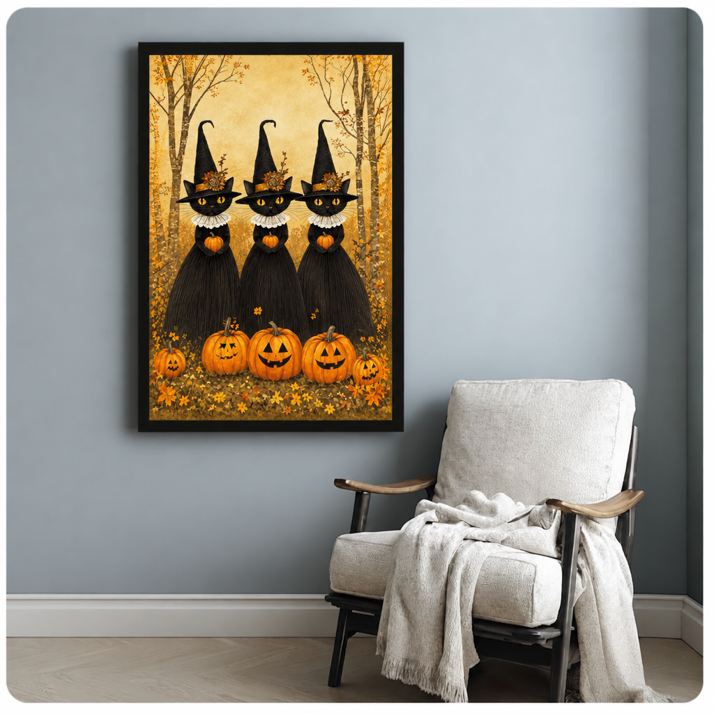 Folk art illustration of three black cats wearing tall witch hats with floral trims and white lace collars each holding a small pumpkin surrounded by glowing jack-o-lanterns and autumn foliage in a golden birch forest halloween wall art framed print beside armchair blue-gray wall