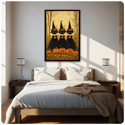 Folk art illustration of three black cats wearing tall witch hats with floral trims and white lace collars each holding a small pumpkin surrounded by glowing jack-o-lanterns and autumn foliage in a golden birch forest halloween wall art framed print above bed sunlit bedroom