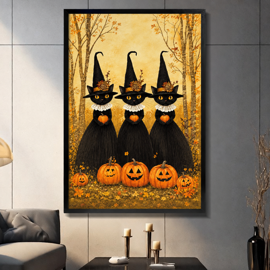 Folk art illustration of three black cats wearing tall witch hats with floral trims and white lace collars each holding a small pumpkin surrounded by glowing jack-o-lanterns and autumn foliage in a golden birch forest halloween wall art framed print dark panel wall living room