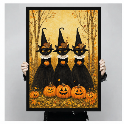 Folk art illustration of three black cats wearing tall witch hats with floral trims and white lace collars each holding a small pumpkin surrounded by glowing jack-o-lanterns and autumn foliage in a golden birch forest halloween wall art framed print held up