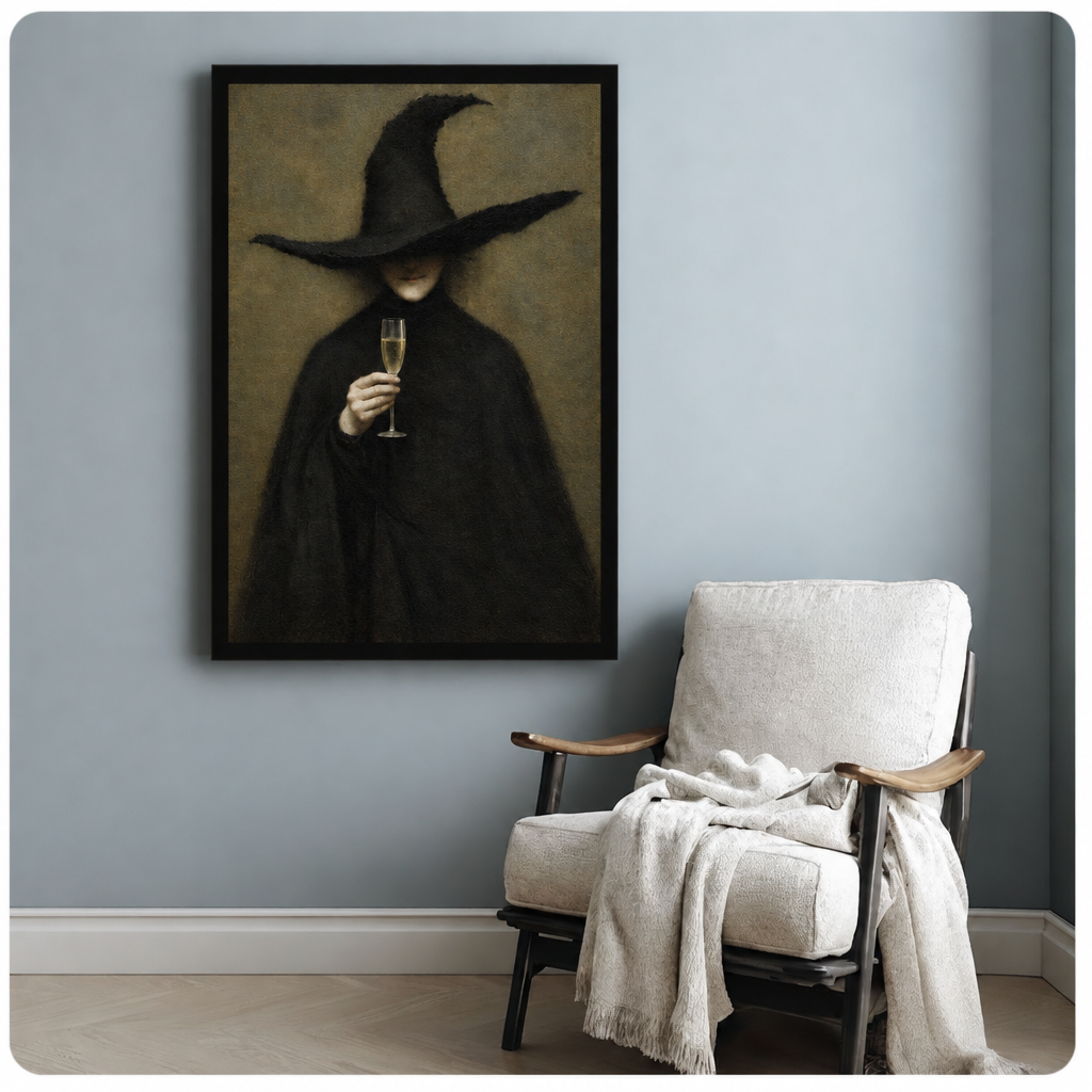 Witch champagne canvas wall art above a white armchair, featuring a shadowy witch raising a champagne glass