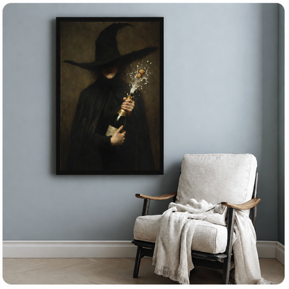 Witch champagne canvas wall art above a white armchair, featuring a pointed-hat figure with a bursting bottle