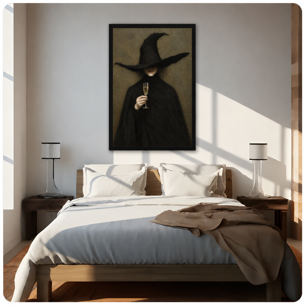 Witch champagne canvas wall art above a bed, showing a mysterious pointed-hat witch holding a champagne glass in warm light⠋